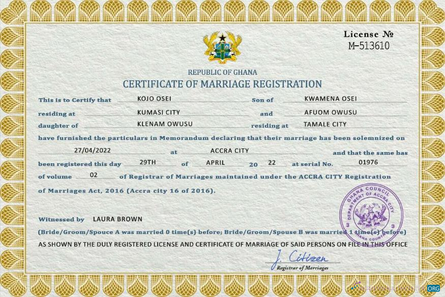 Download Ghana marriage certificate PSD template Photoshop template